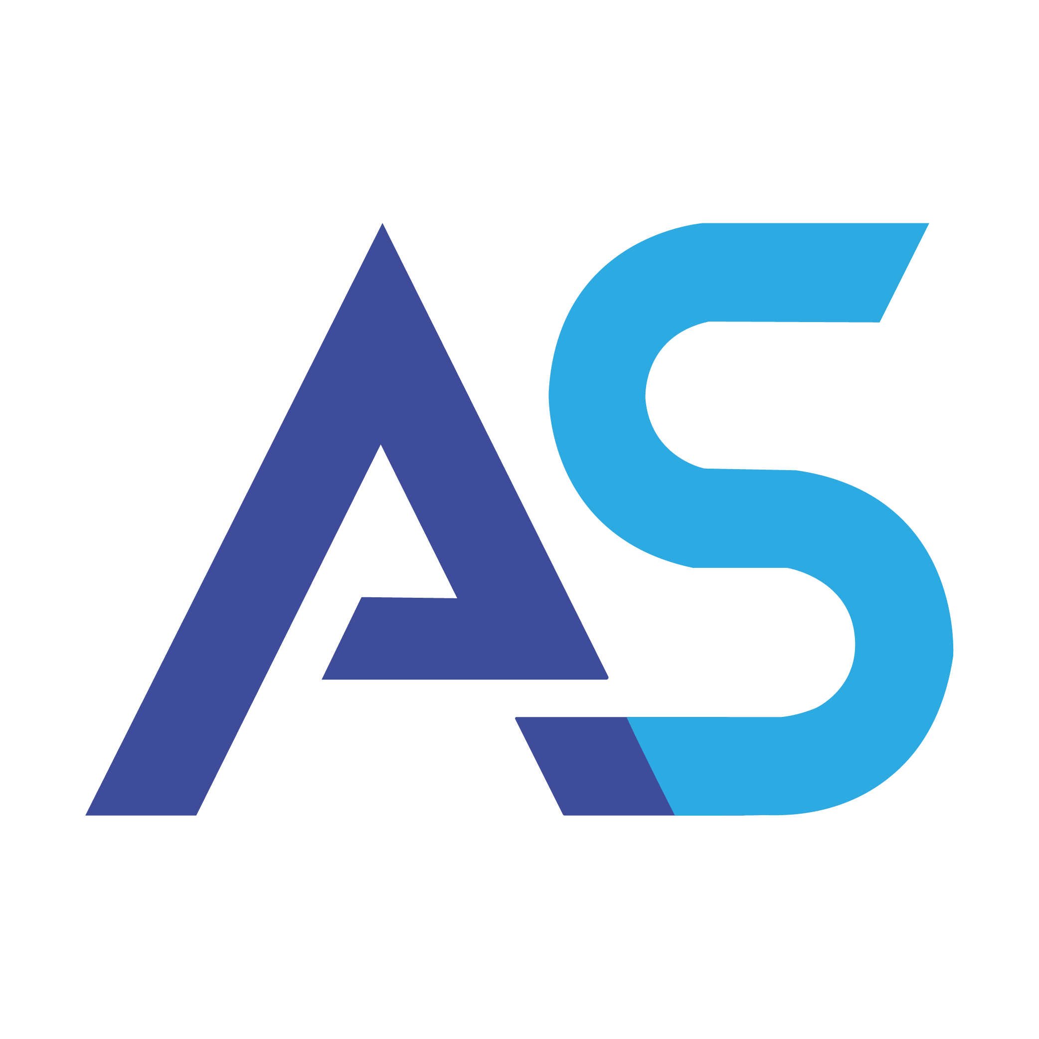 Logo Alpes Sols avec les lettres "AS" en bleu foncé pour le A et bleu clair pour le S, symbolisant l'entreprise. Entreprise de Construction & Rénovation sur Mesure